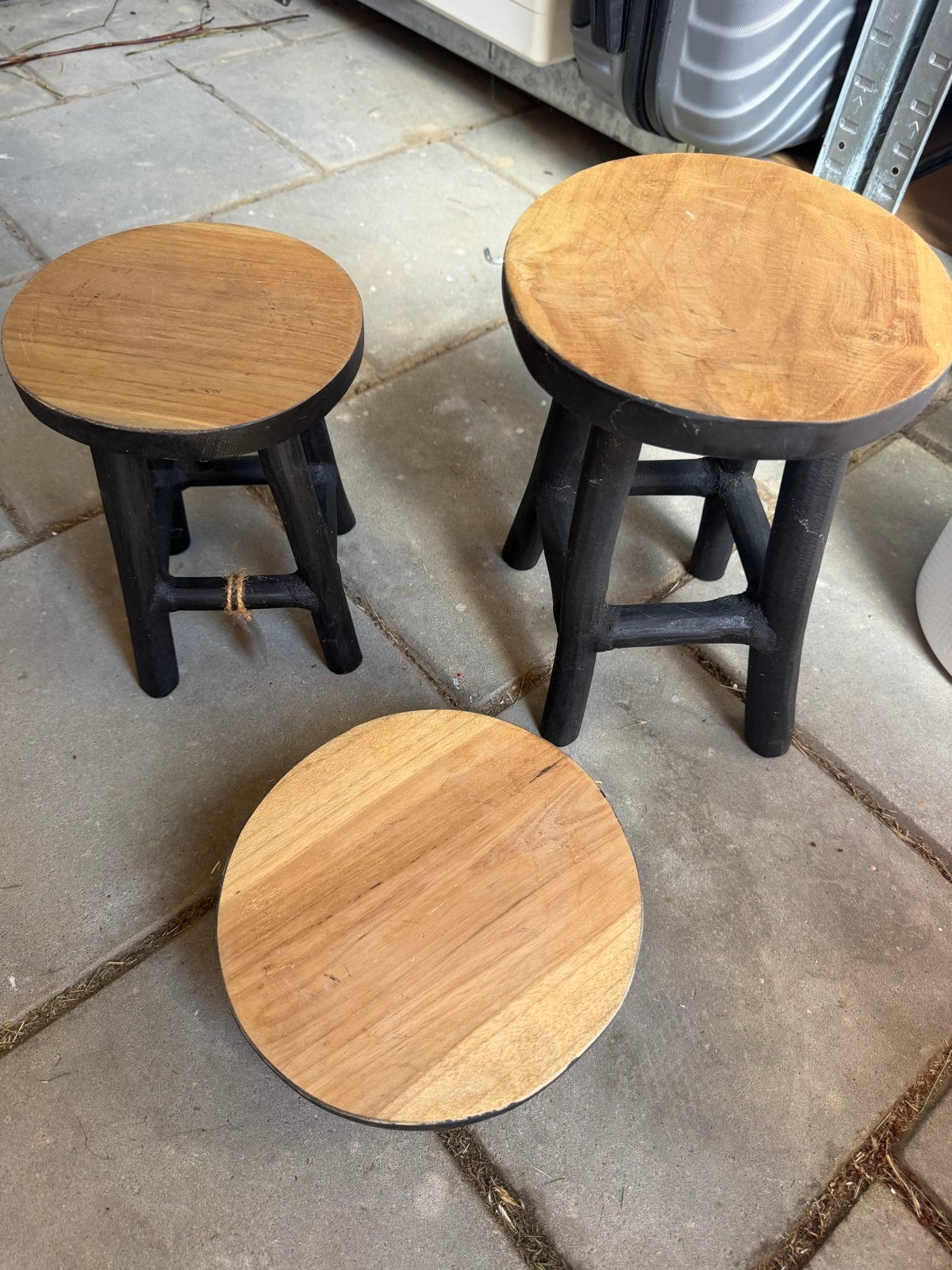 Set van 3 houten plantenkrukjes - Zwart met naturel blad, Huis en Inrichting, Ophalen of Verzenden, Gebruikt, Hout