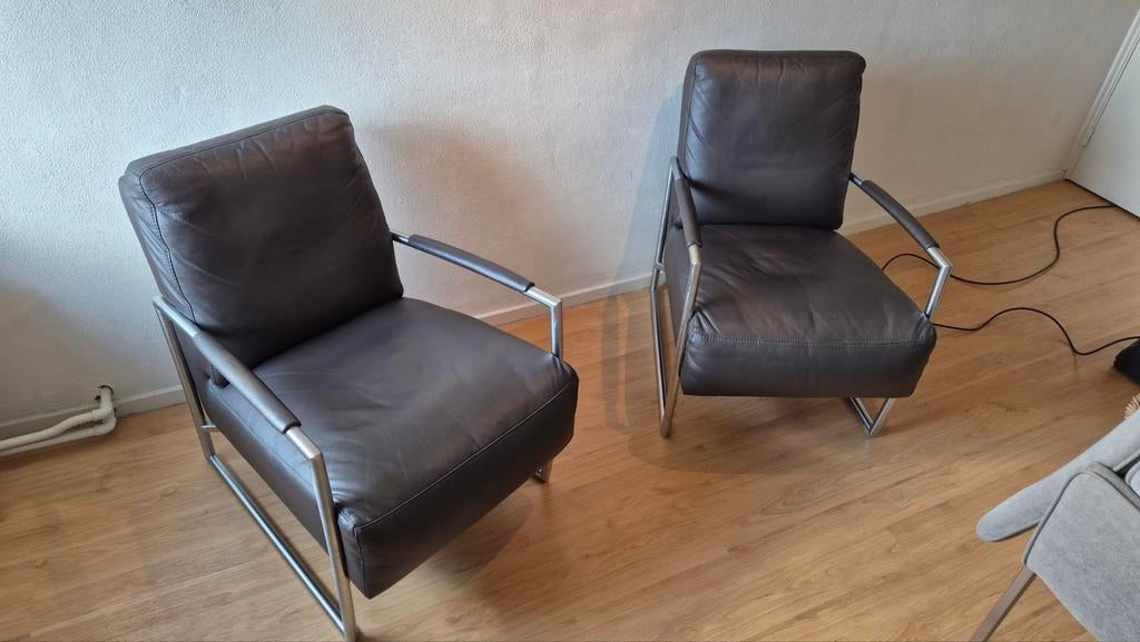 Luxe kalfslederen fauteuils  - Sijben Ekkersrij, Huis en Inrichting, Fauteuils, Zo goed als nieuw, Leer, Metaal, Ophalen of Verzenden