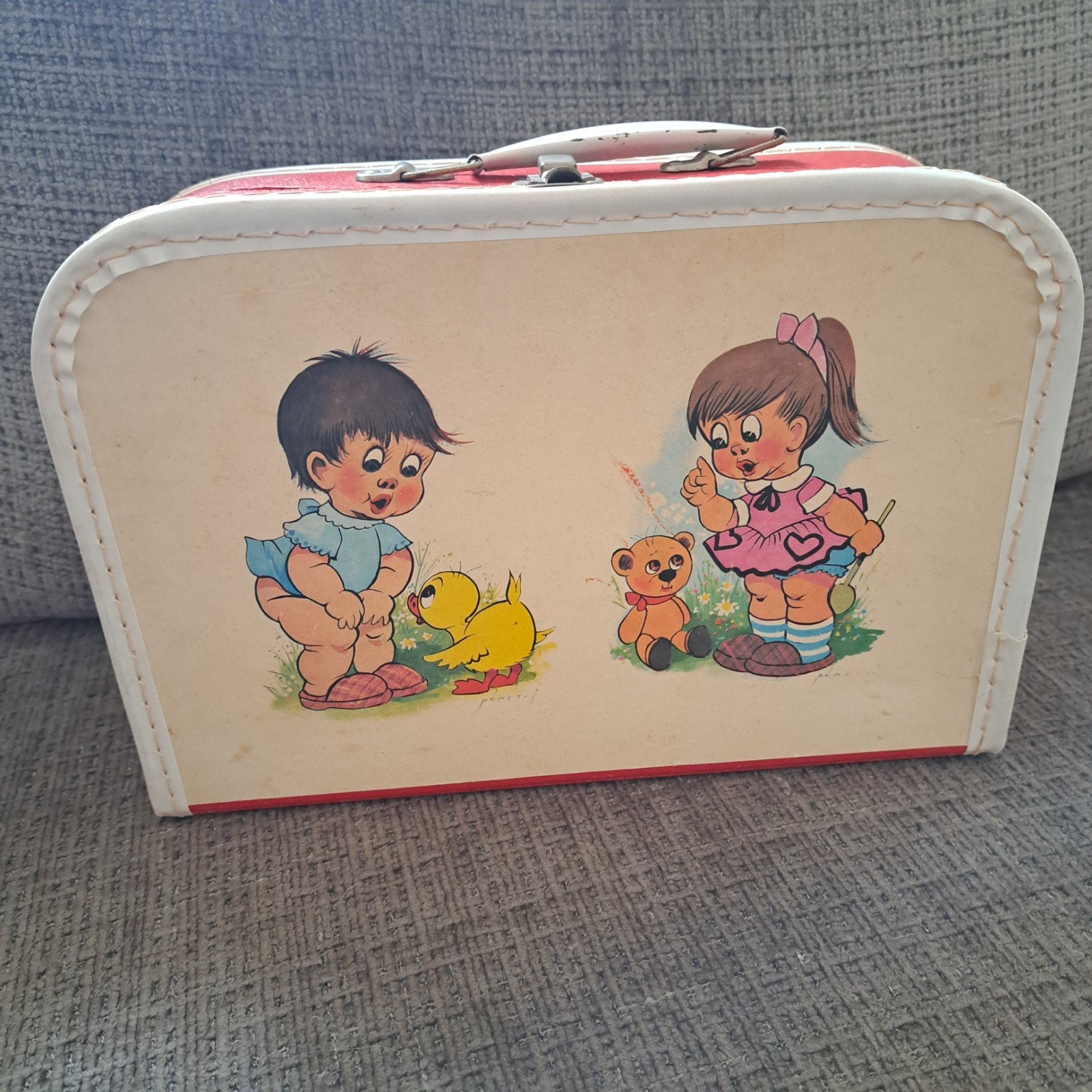 Vintage Kazet kinderkoffertje met schattige afbeelding, Ophalen of Verzenden
