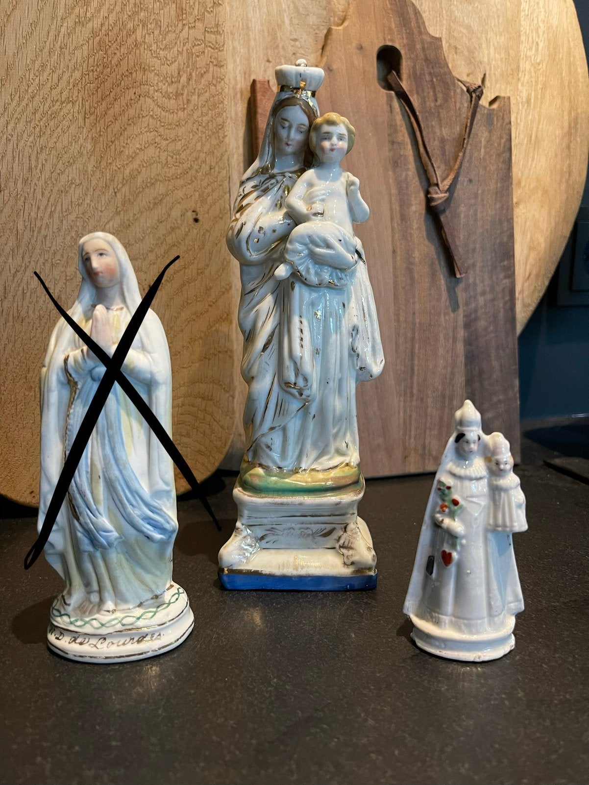 Antiek Mariabeeld met Kind, geglazuurd, verguld, eind 19e ee, Ophalen of Verzenden