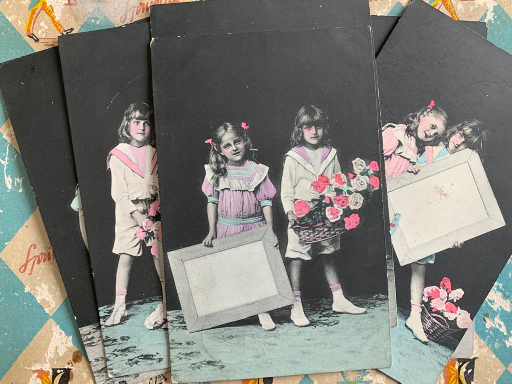 6x Meisjes met mandjes bloemen (BB), Ophalen of Verzenden, Voor 1920, Gelopen, Kinderen