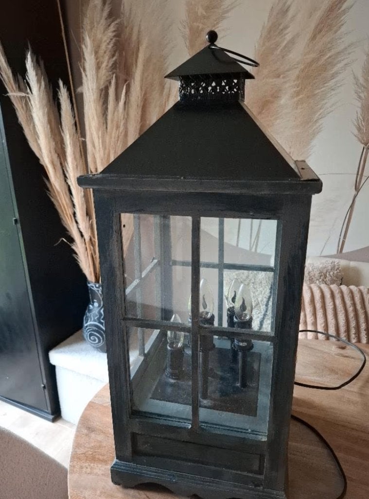 lamp Lantaarn hout-metaal Industrieel Antraciet, Huis en Inrichting, Lampen | Tafellampen, Ophalen of Verzenden, Gebruikt, Metaal
