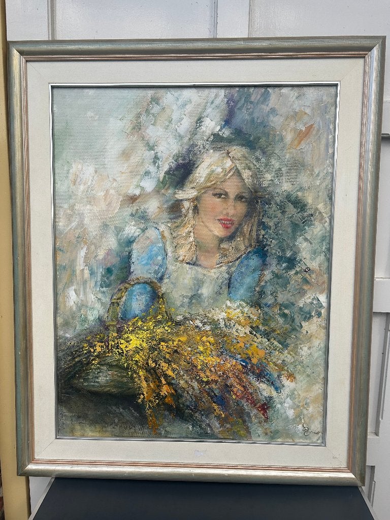 Olieverf Dame mand met bloemen, onduidelijk signed, 111hx91b, Ophalen