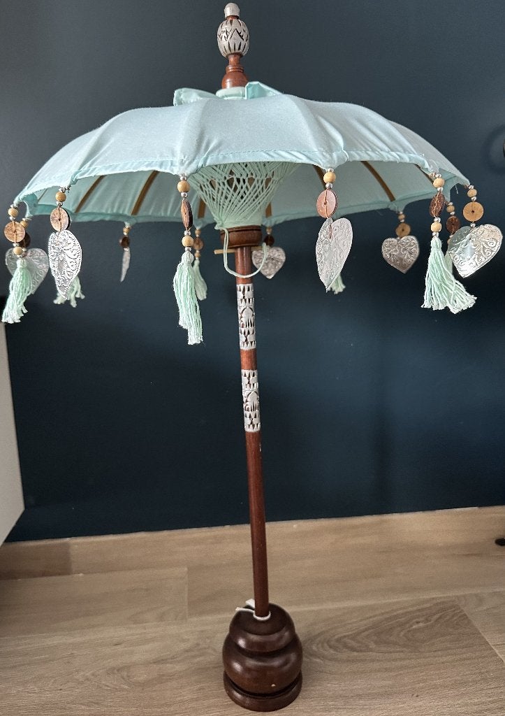 Decoratieve parasol, handgemaakt, turquoise, tafelmodel, Ophalen, Nieuw, Minder dan 1 meter, Overige typen