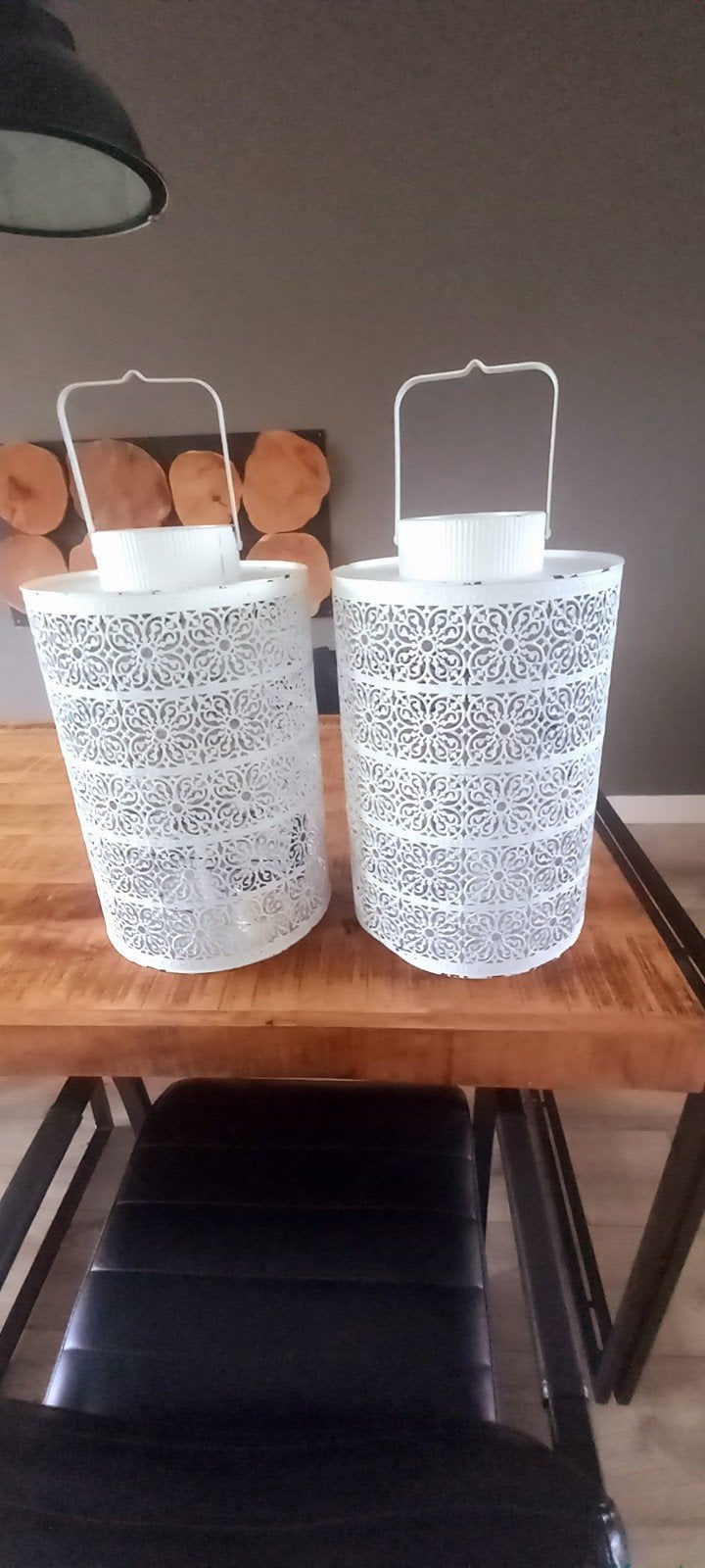 2 Windlichten voor binnen of buiten - Gebruikt, Ophalen, Gebruikt, Wit, Metaal