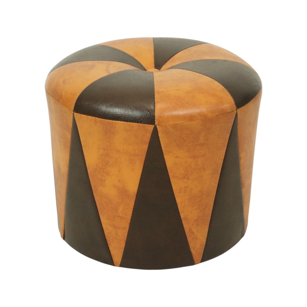 Ronde Vintage Poef Bruin Camel Tweekleurig Skai Sixties, Minder dan 50 cm, Gebruikt, Rond, Minder dan 50 cm