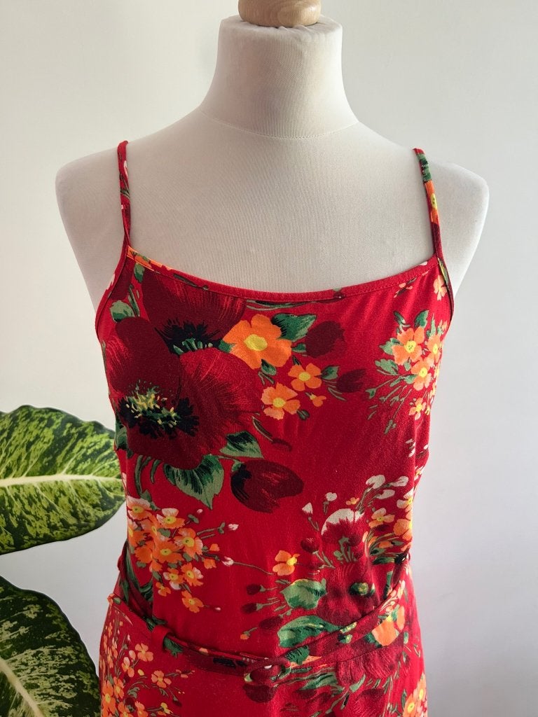 King Louie maat L rode bloemen zomer jurk 3331, Kleding | Dames, Maat 42/44 (L), Ophalen of Verzenden, Zo goed als nieuw, Knielengte