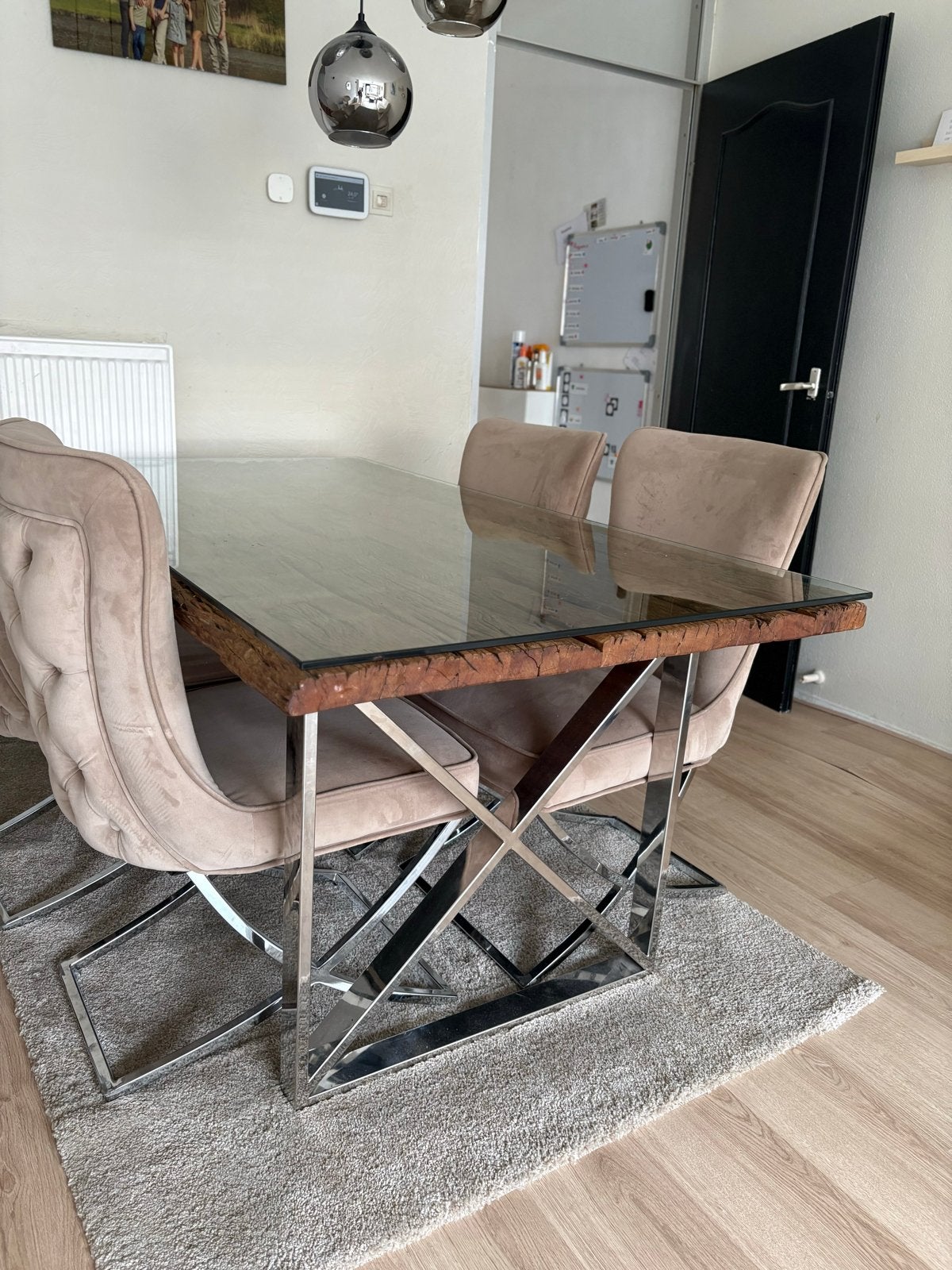 Eric kuster Eettafel met glazen blad en 4 stoelen, Ophalen, Gebruikt, 50 tot 100 cm, Glas