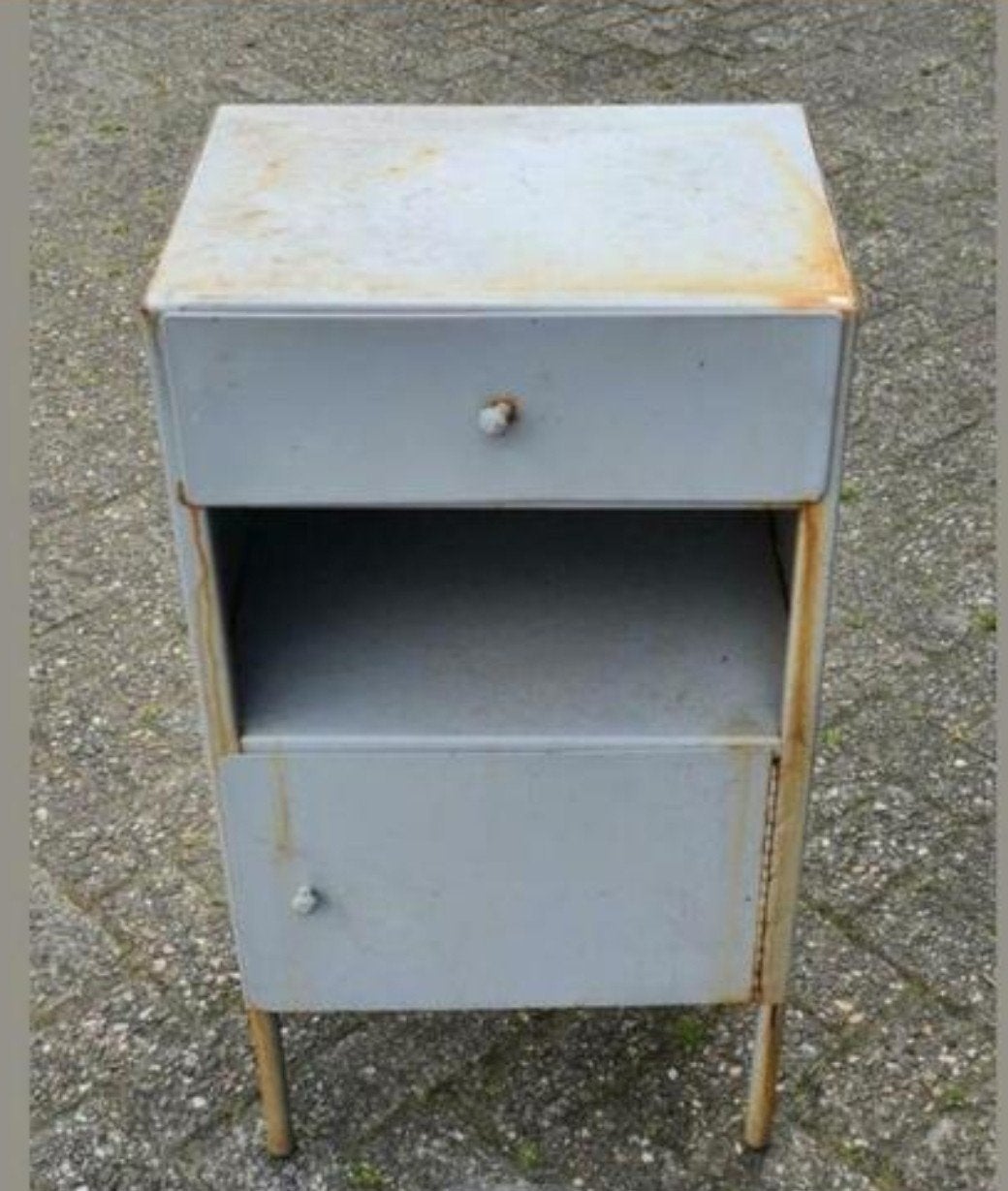 Vintage metalen nachtkastje 46x35x83cm deurtje en lade, Ophalen, ., ., Nederland