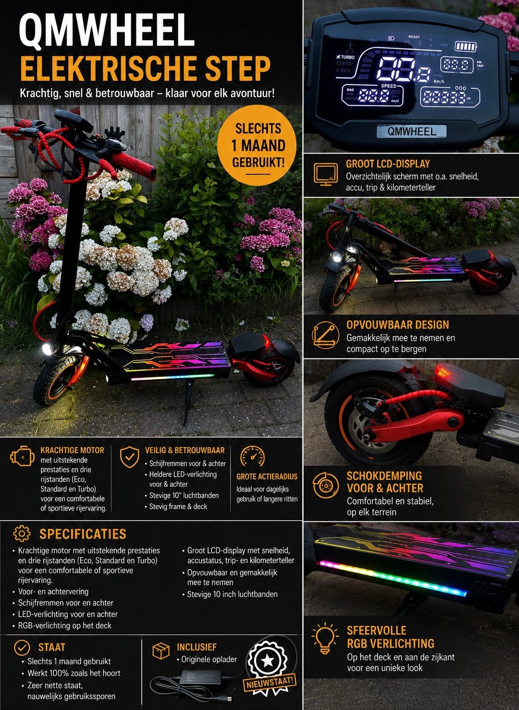 QMWHEEL Elektrische Step – Slechts 1 maand gebruikt!, Fietsen en Brommers, Steps, Zo goed als nieuw, Elektrische step (E-scooter)