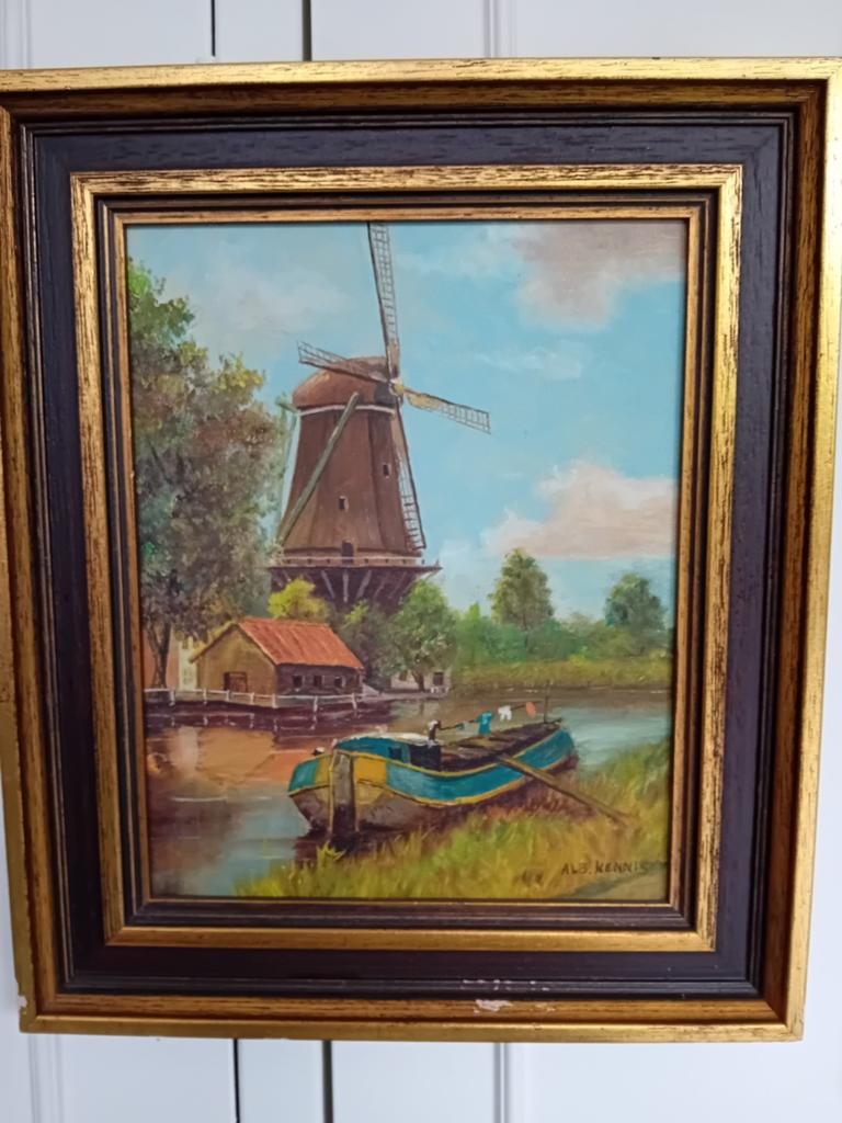 Olieverfschilderij Hollandse molen met schip,  met lampje, Antiek en Kunst, Ophalen of Verzenden