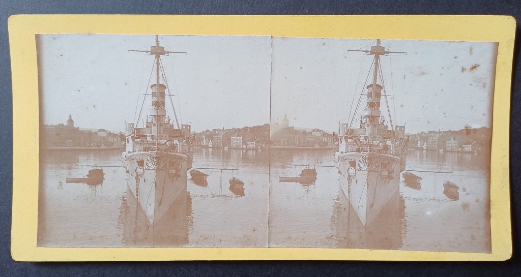 Stereofoto schip boot in haven, Verzamelen, Foto's en Prenten, Gebruikt, Foto, Ophalen of Verzenden, Voor 1940