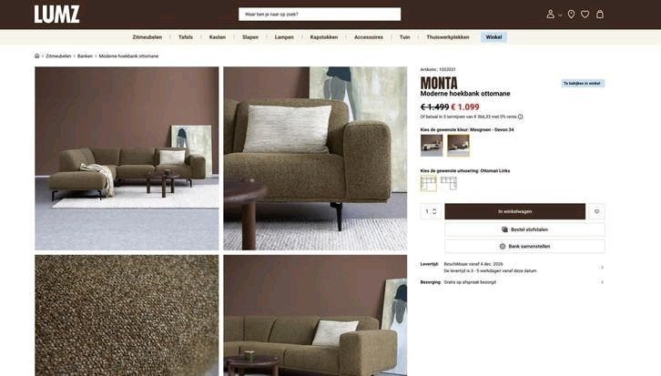 NIEUW Showmodel | Luxe Design Hoekbank Mosgroen 285x220cm, Hout, Hoekbank, Ophalen of Verzenden, 150 cm of meer