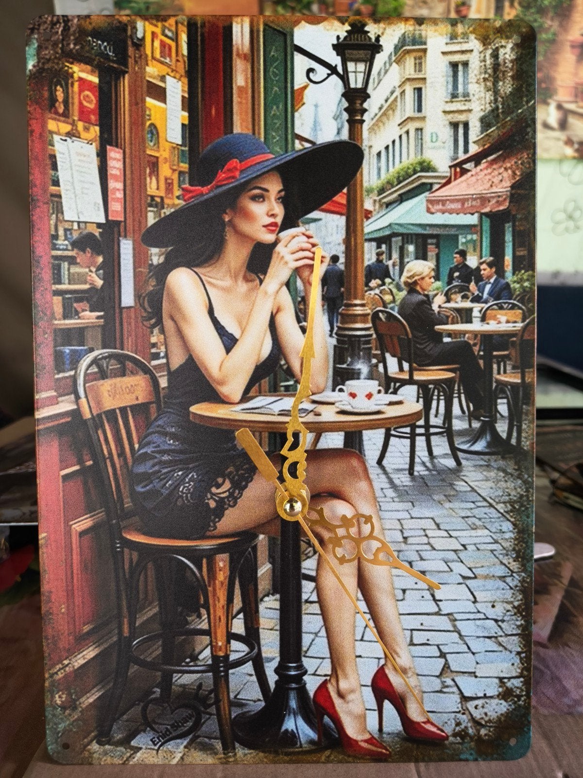 Wandklok met Parijse caféscène en elegante dame, Ophalen of Verzenden