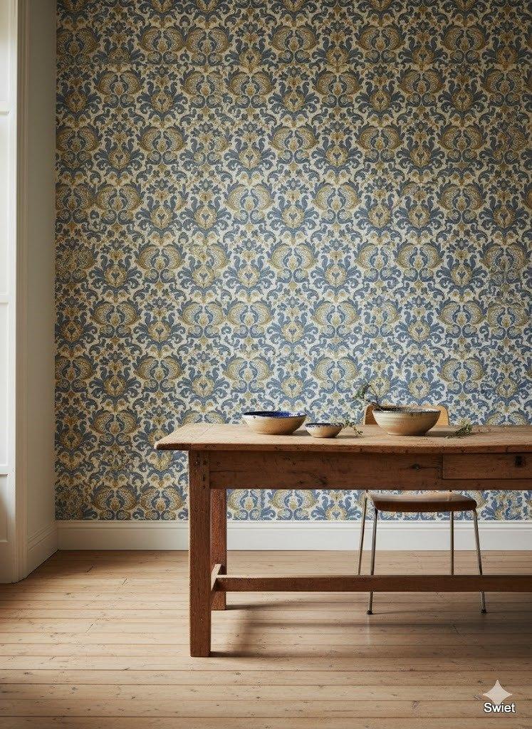 14208 blauw barok behang met goudaccenten vintage swiet, Verzenden, Beige