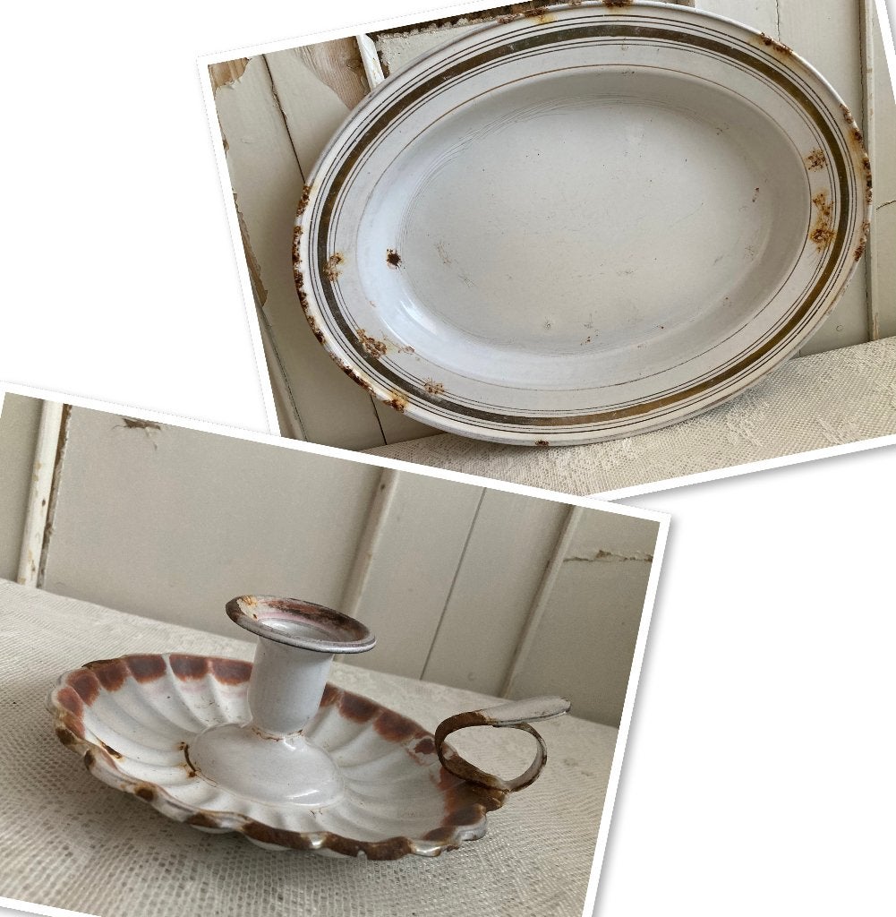 Brocante ovale emaile schaal & emaille blaker, Ophalen of Verzenden