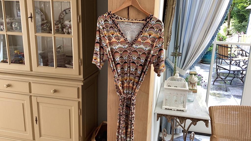 SANI BLU ZomerJurk met V-hals en print - Maat 42, Ophalen of Verzenden, Gedragen, Maat 42/44 (L), Bruin