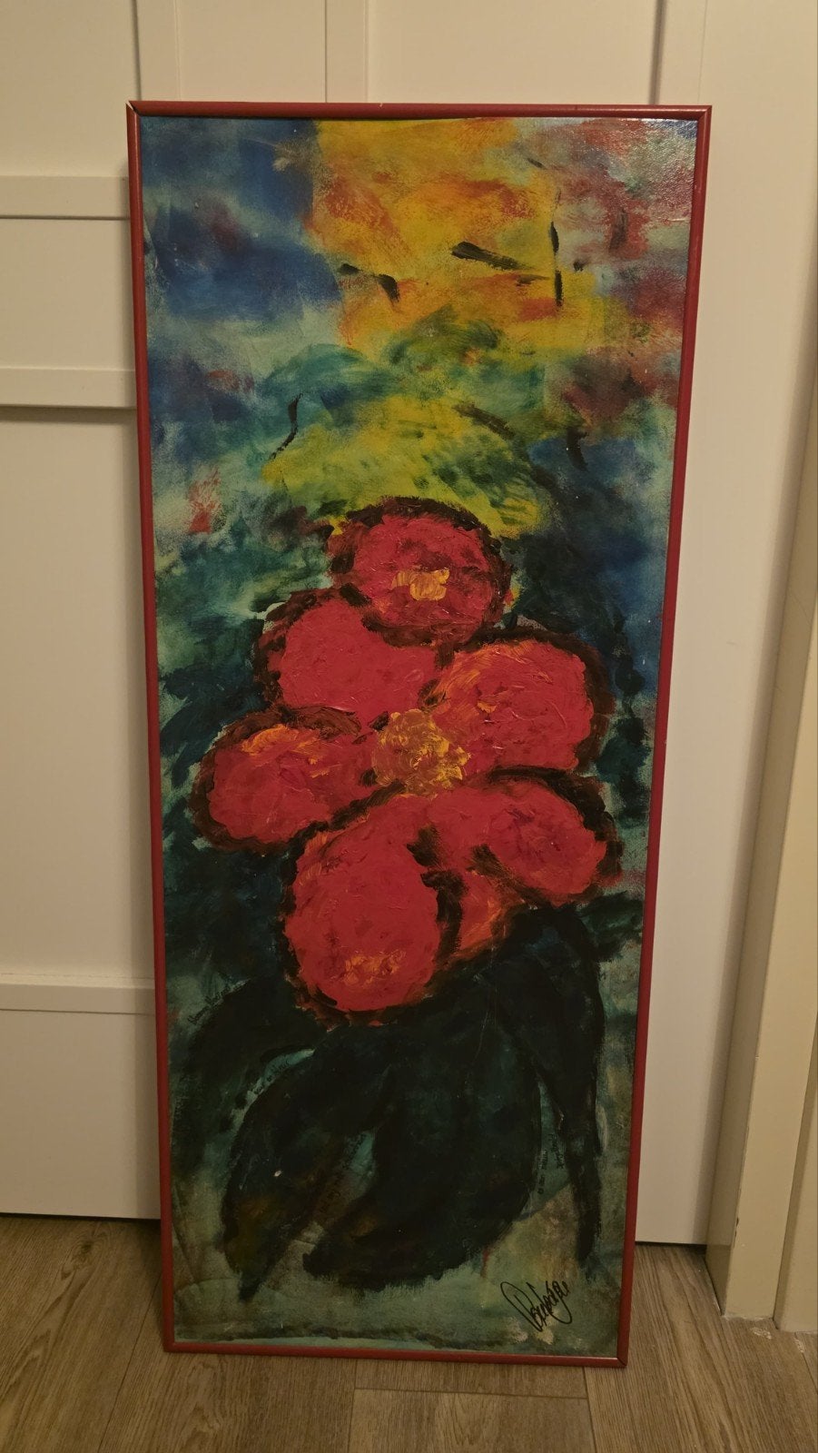 Schilderij Paulien van Roon - Rode Bloem, Ophalen, Gesigneerd, Olieverf, Overige materialen