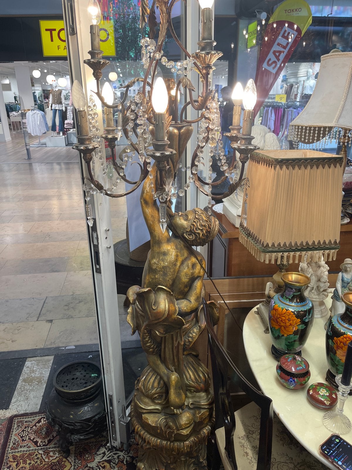 Antieke Vloerlamp met Cherubijn en Kristallen, Ophalen of Verzenden