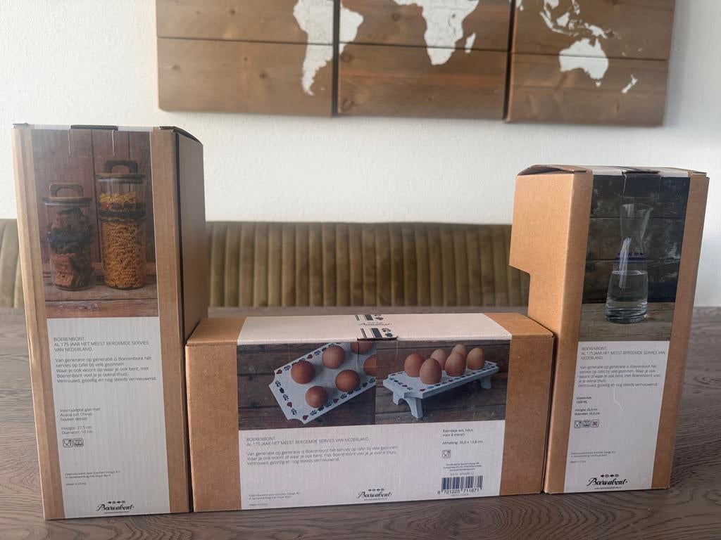 Boerenbont set: Glazen kan, voorraadpot en eierrekje, Huis en Inrichting, Keuken | Servies, Overige typen, Nieuw, Ophalen of Verzenden