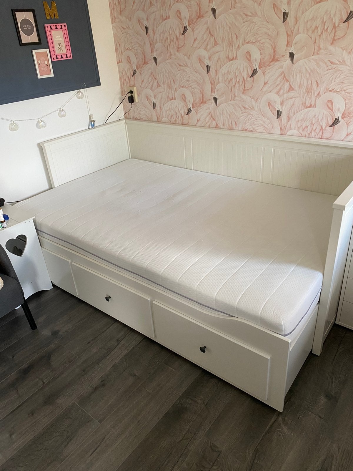 Ikea HEMNES bedbank met 3 lades en matras, Ophalen, Gebruikt, Wit, Tweepersoons