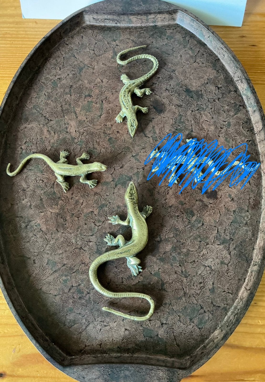 3 Stuks geel koperen salamander, hagedis, gekko van messing., Antiek en Kunst, Ophalen of Verzenden