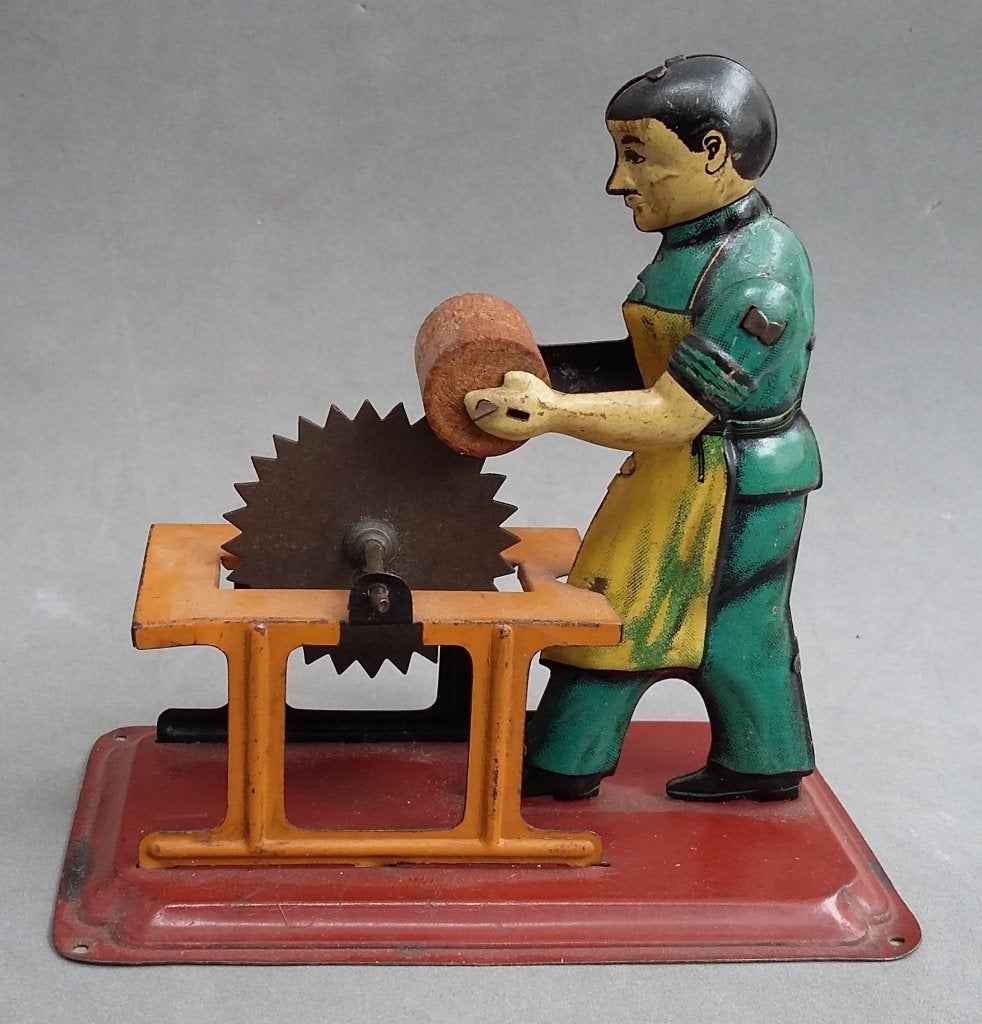 Jaren 30-40 Stoommachine Speelgoed Houtzager Figuur Man Blik, Ophalen of Verzenden