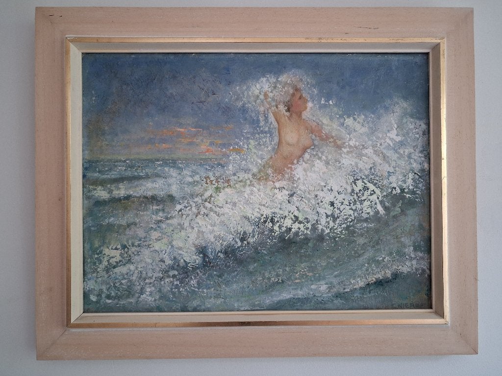 Schilderij naakte dame i/d branding olieverf op doek Nierop, Antiek en Kunst, Ophalen of Verzenden