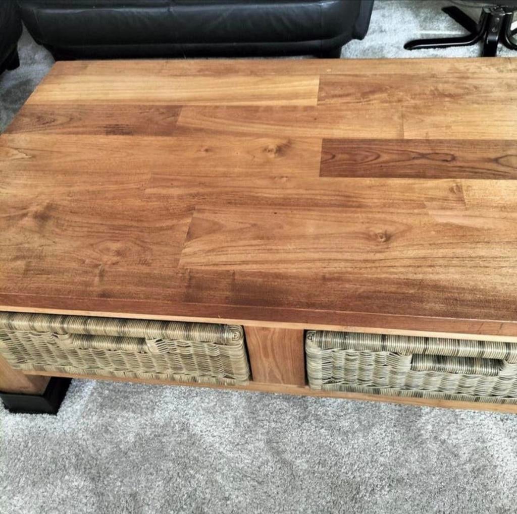Teakhouten salontafel met manden, Ophalen, Gebruikt, 100 tot 150 cm, Teakhout