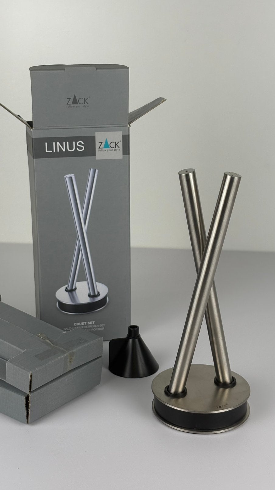 Zack Linus design cruet set peper zout RVS nieuw in doos, Overige typen, Ophalen of Verzenden, Metaal, Overige merken