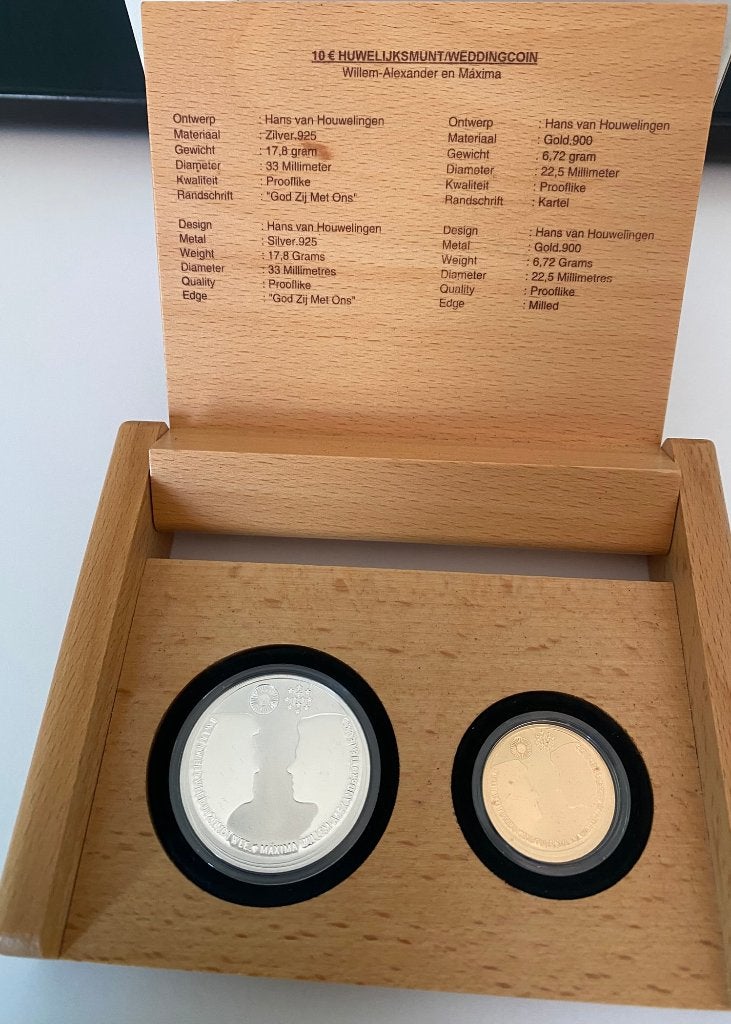 Gouden +Zilveren 10 Euro Huwelijk Willem-Alexander en Máxima, Setje, Koningin Beatrix, Euro's, Ophalen of Verzenden
