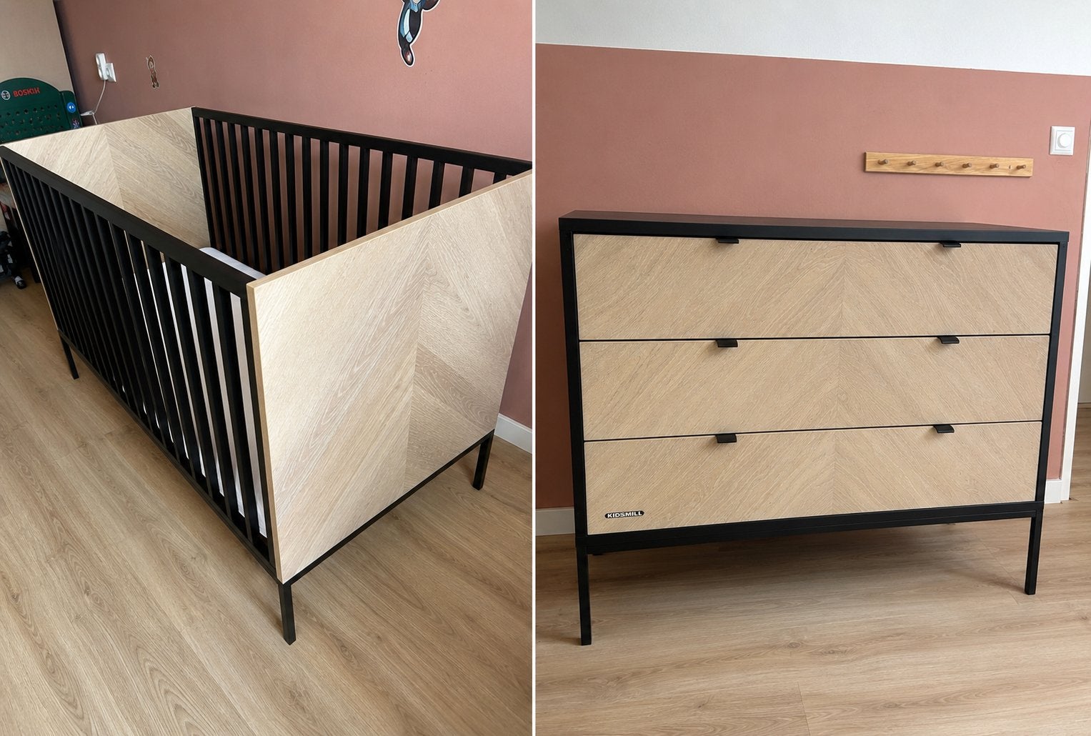 Kidsmill Vince Black/Oak babykamer – Ledikant + commode, Ophalen, Gebruikt, Jongetje of Meisje