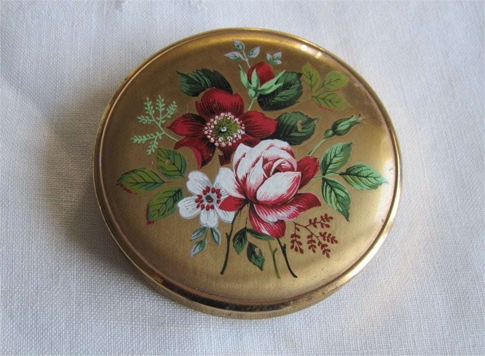 Brocante Engelse poederdoos versierd met bloemen, Ophalen of Verzenden