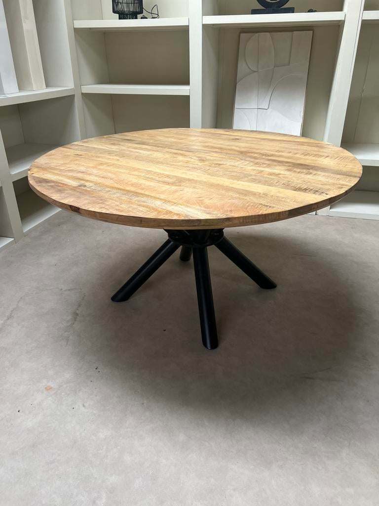 Eettafel rond mangohout naturel 150cm, Info@savoireinteriors.com, 100 tot 150 cm, Rond, Ophalen of Verzenden