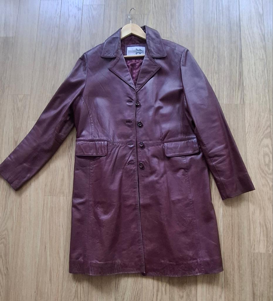 Leren jas bordeauxrood, lange blazer, maat 48, Ophalen of Verzenden, Gebruikt, Overige kleuren, Dame