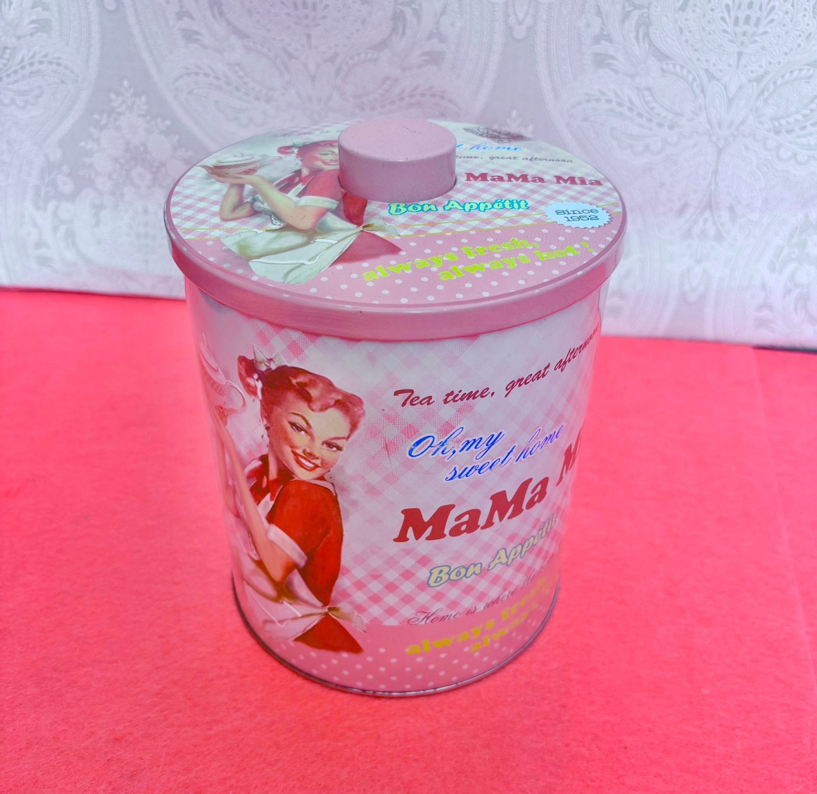 Blik voorrraad trommel fifties look mama mia roze, Ophalen of Verzenden, Zo goed als nieuw, Overige