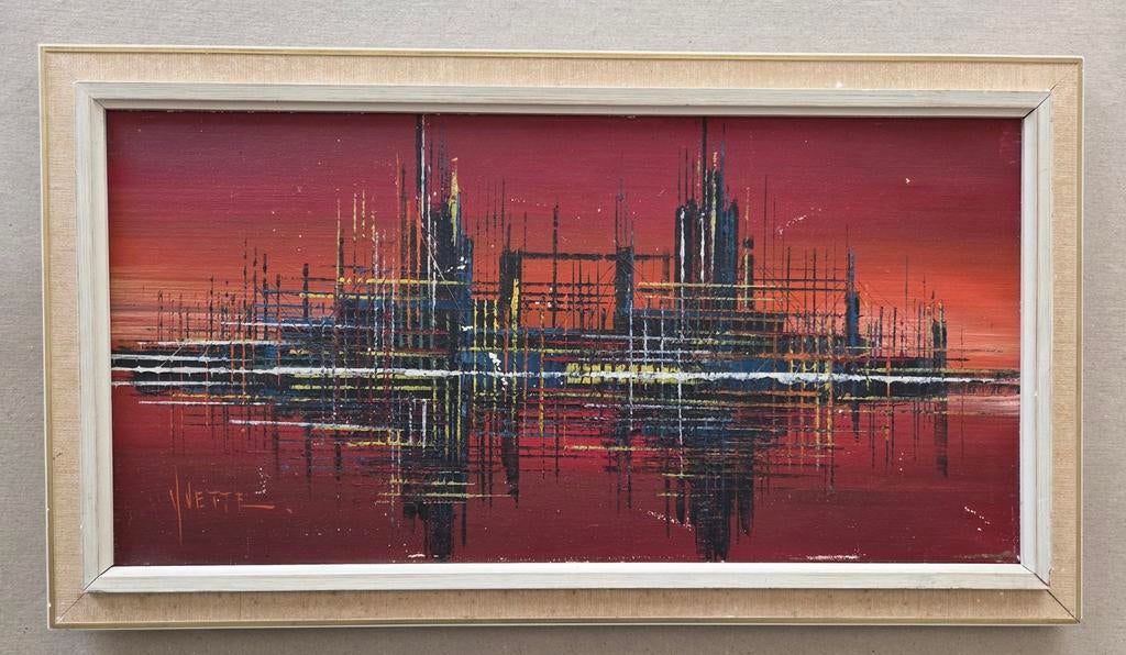 Vintage. Stadsgezicht. Fantasie. Gesigneerd. Olieverf doek., Antiek en Kunst, Kunst | Schilderijen | Klassiek, Ophalen of Verzenden