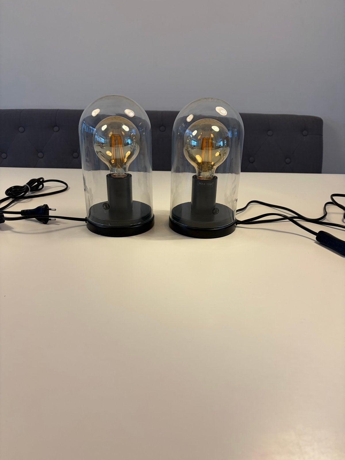 Set van 2 moderne lampen met glazen stolp, Ophalen, E27 (groot), Zwart, Met stekker