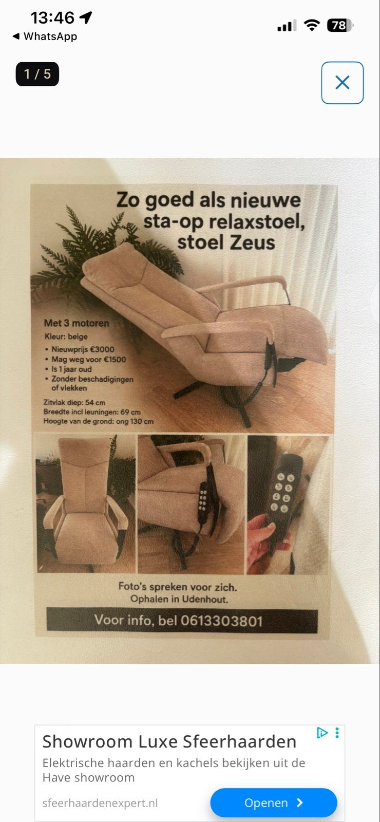 Zo goed als nieuwe sta-op relaxstoel Zeus, beige, Huis en Inrichting, Ophalen, Overige kleuren, Zo goed als nieuw, Eén
