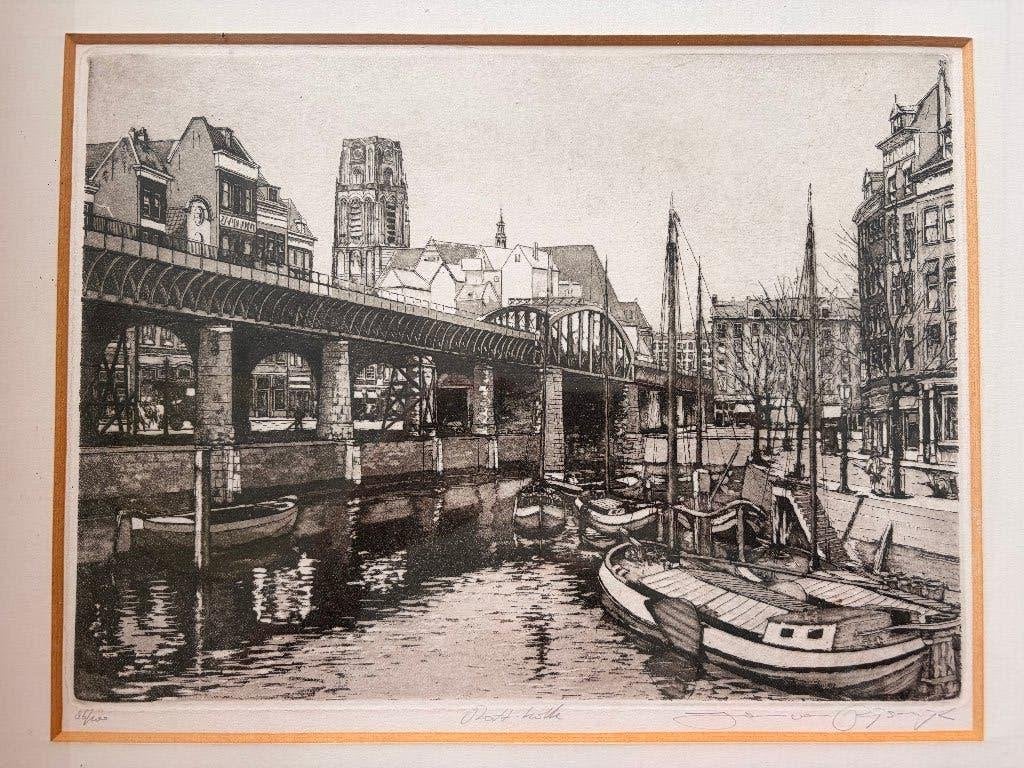 Originele ets Rotterdam Leuvehaven (Jan van Rijsewijk), Ophalen of Verzenden, Landschap, Ets, Gesigneerd
