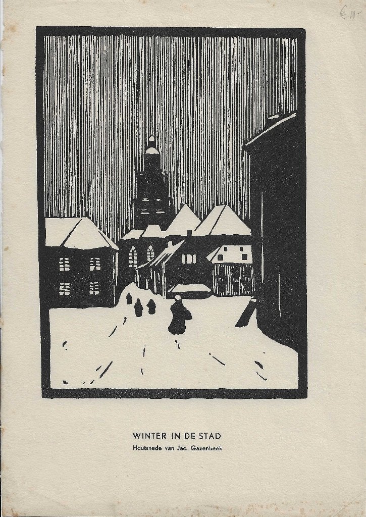 Gazenbeek, Jac. Winter in de stad Houtsnede, Antiek en Kunst, 18 cm, Stadsgezicht, Ophalen of Verzenden, Houtsnede