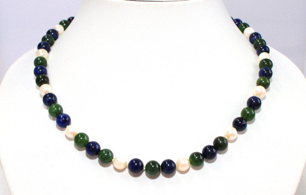 Prachtige Lapis Lazuli Jade & Akoya Parel Ketting 45 CM, Ophalen of Verzenden, Zilver, Ketting, Verguld