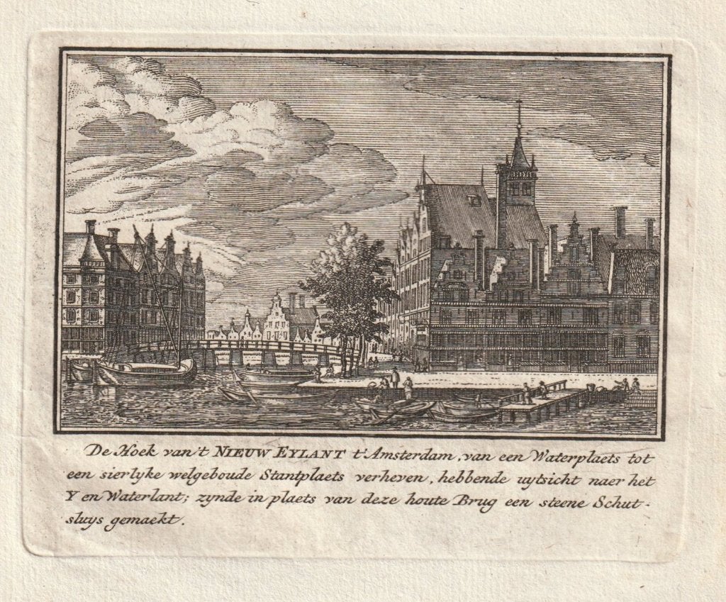 De Hoek van 't Nieuw Eylant t' Amsterdam Rademaker 1725, Verzenden, Gravure, Met tekst, 1700 - 1799