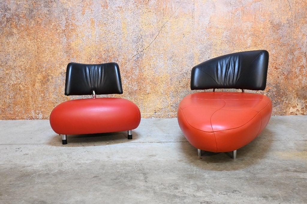 ZGANIEUW Rood/zwarte leren Leolux Kikko design chaise longue