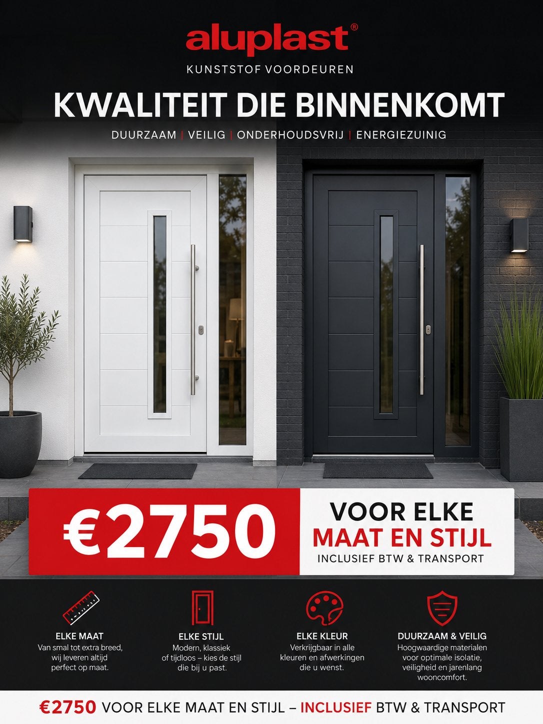Actie! Kunststof voordeur tegen scherpe prijzen kwaliteit!, 75 tot 150 cm, Kunststof, Deurkozijn, Nieuw