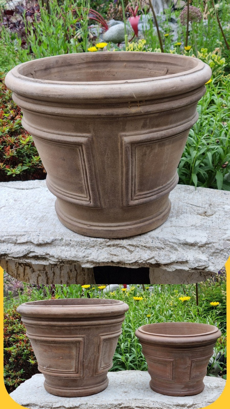 3 terracotta bloempotten met decor rand, Tuin en Terras, Bloempotten, Steen, Rond, Zo goed als nieuw, Balkon