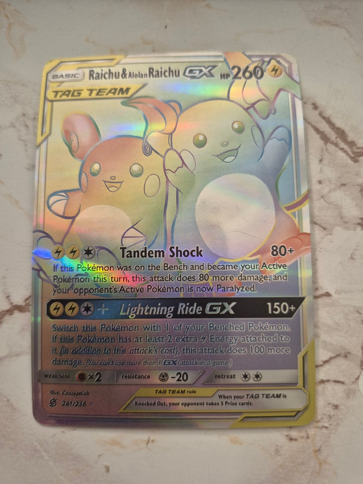 Raichu & Alolan Raichu GX Tag Team 241/236 Full Art, Hobby en Vrije tijd, Verzamelkaartspellen | Pokémon, Ophalen of Verzenden