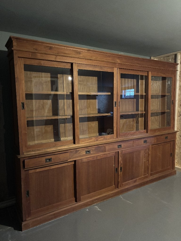 300 cm Teak houten buffetkast met schuifdeuren en lades., Met deur(en), 200 cm of meer, Glas, Ophalen of Verzenden