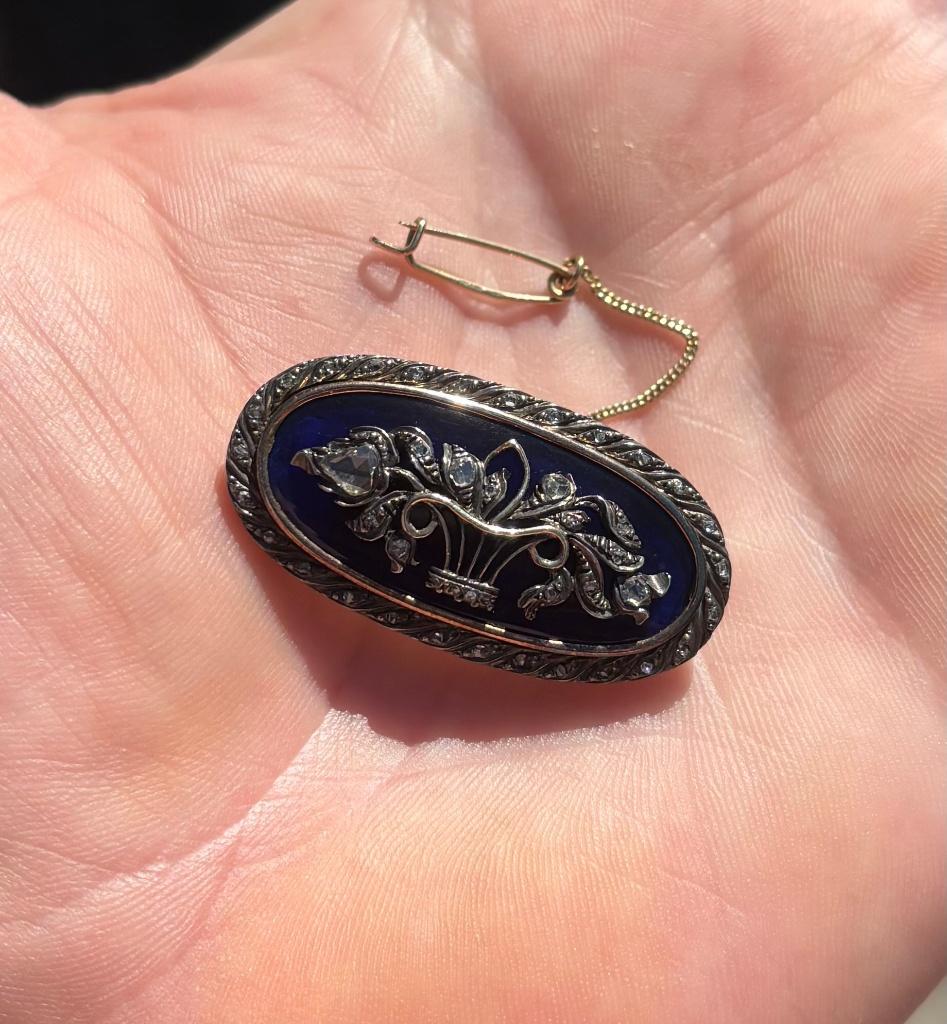 Diamanten fraaie 14k gouden antieke broche blauw glas dames, Verzenden, Goud, Broche, Met edelsteen