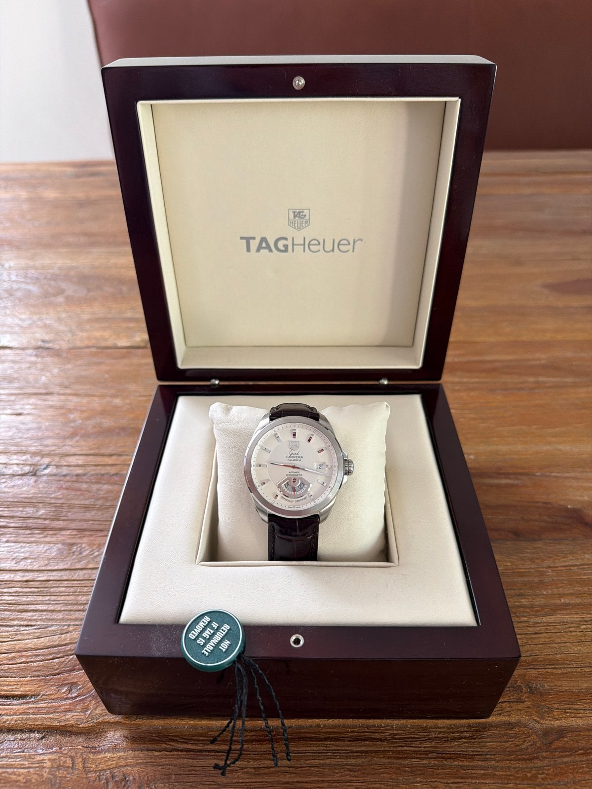 TAG Heuer Grand Carrera Calibre 6 Automatisch Chrono fullset, Leer, Staal, Polshorloge, Ophalen of Verzenden